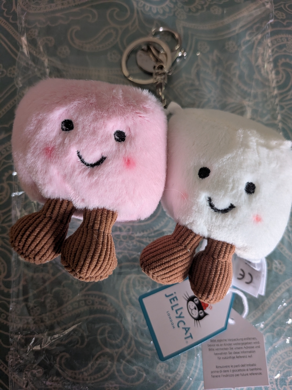 Jellycat Pink and White Plush Marshmallow Twin Keychains